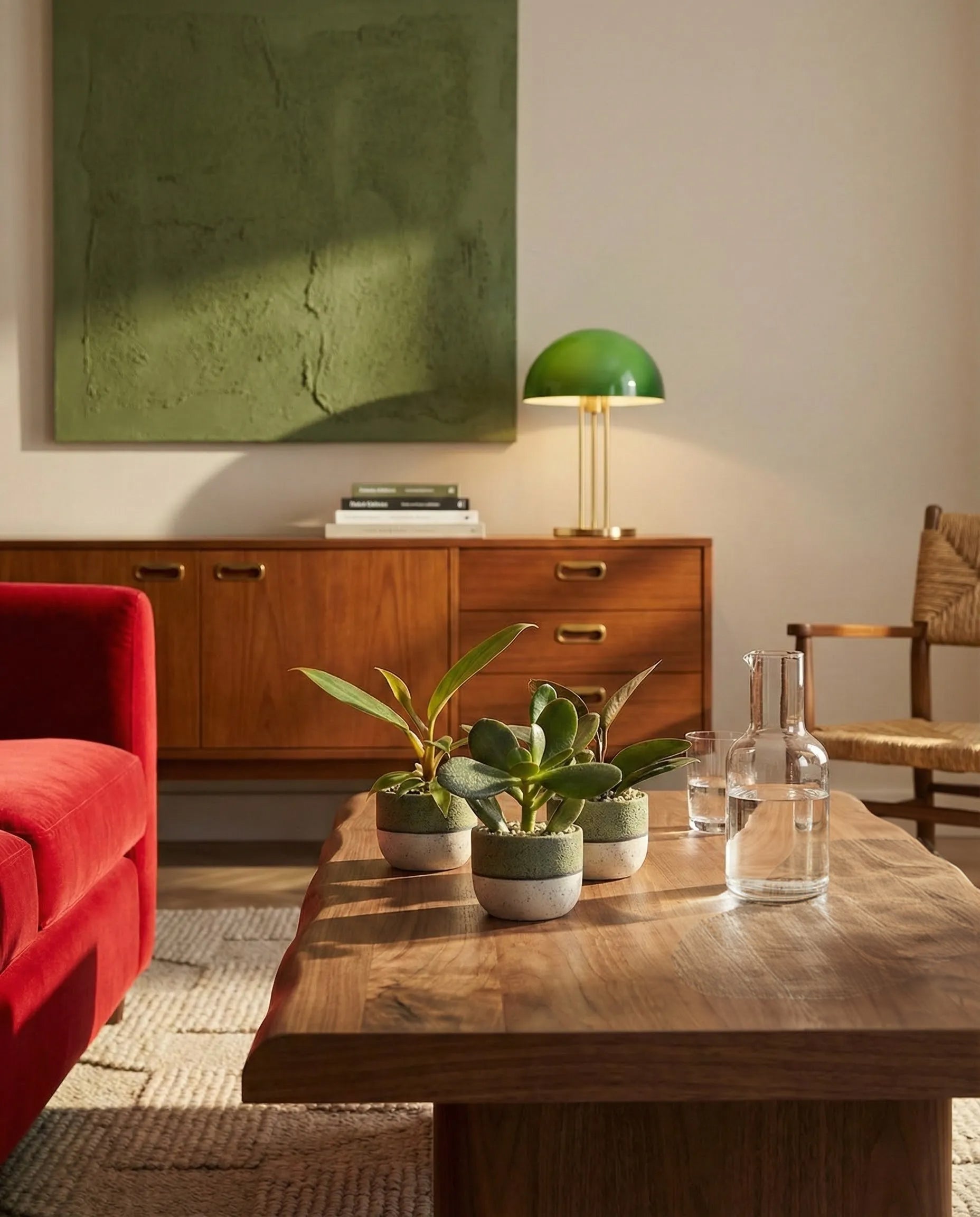 Im gemütlichen Wohnzimmer stehen ein hölzerner Couchtisch mit einer Schweizer Überraschungs-Babypflanze (3er-Set), zwei Glasflaschen, ein rotes Sofa, ein hölzernes Sideboard, eine grüne Schreibtischlampe und ein großes grünes abstraktes Kunstwerk an der Wand.