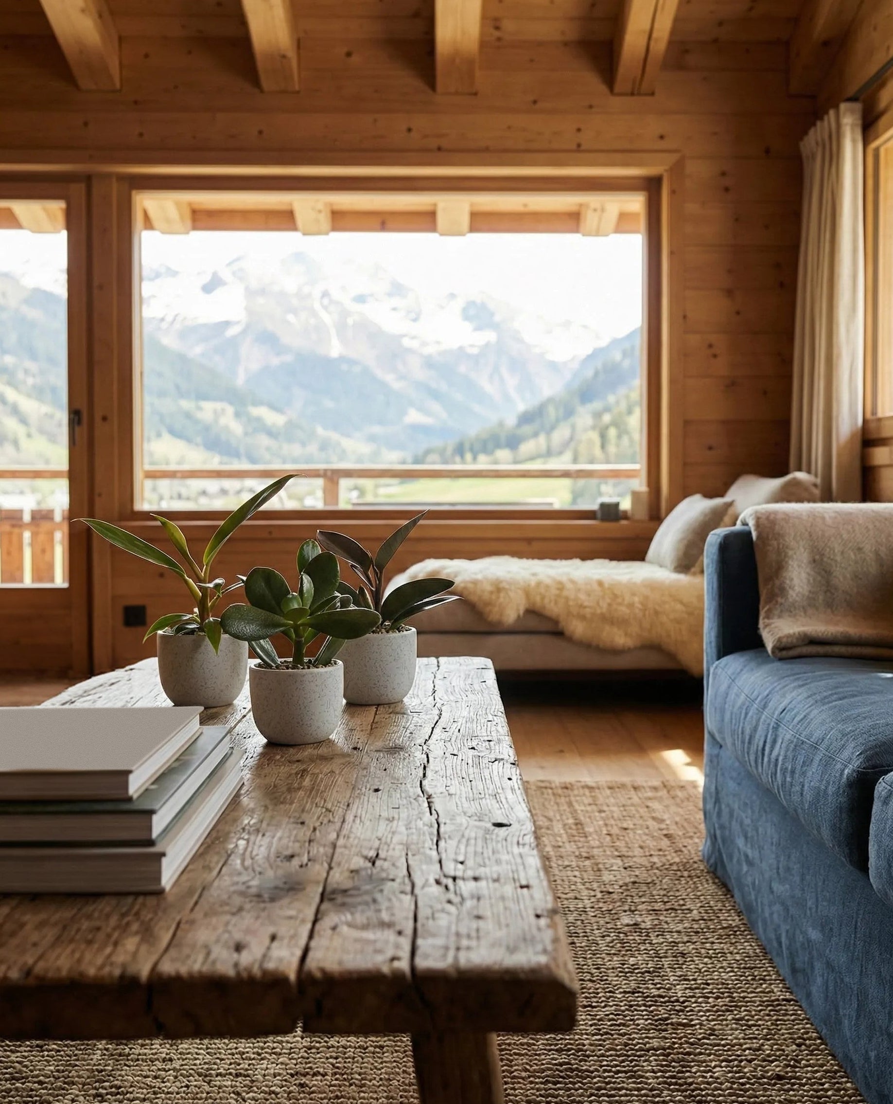 Ein gemütliches Wohnzimmer aus Holz mit einem rustikalen Couchtisch, einem blauen Sofa, gestapelten Büchern und einem Schlafsofa an großen Fenstern mit Bergblick. Natürliches Licht erfüllt den Raum, in dem die Schweizer Überraschungs-Babypflanzen (3er-Set) als charmante Topfpflanzen stehen.