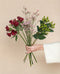 Eine Hand in einem weißen Ärmel hält "Abendrot", einen ungebundenen Blumenstrauß mit dunkelroten Blüten, zartrosa Blüten und grünen Beeren, der dem schlichten beigen Hintergrund einen Hauch von Romantik verleiht.