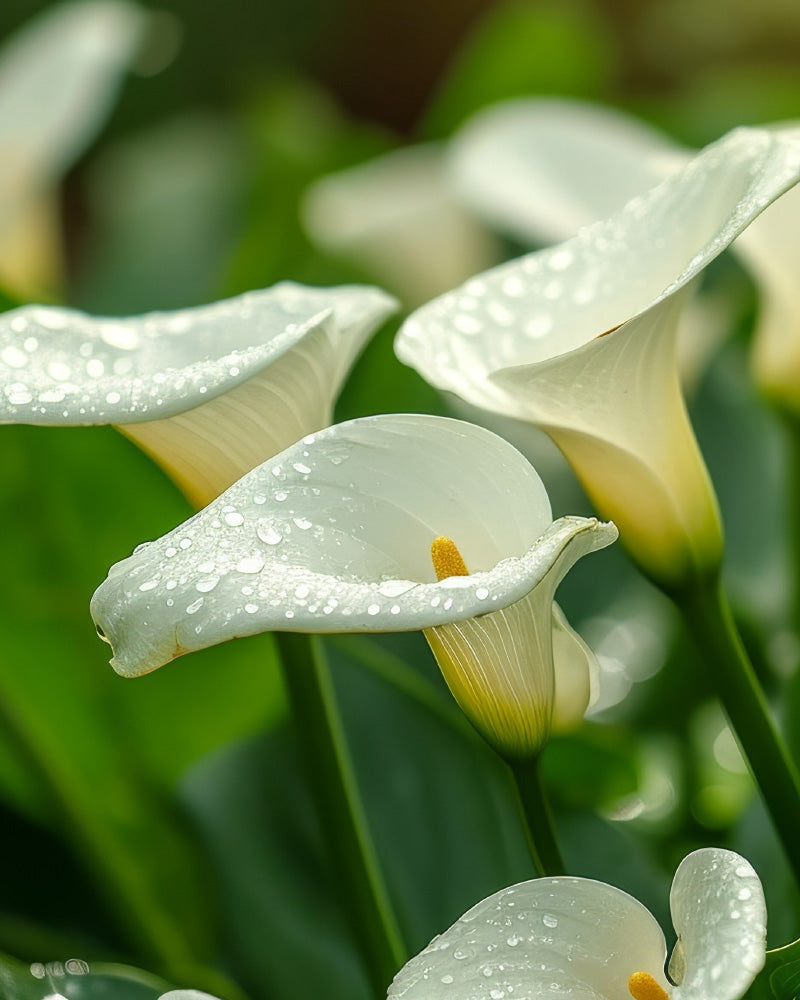 Nahaufnahme einer Calla (weiß) mit gelber Mitte, geschmückt mit Tautropfen. Die Blüten sind von üppigen grünen Blättern und einem unscharfen Hintergrund umgeben, der ihre zarte Schönheit hervorhebt.
