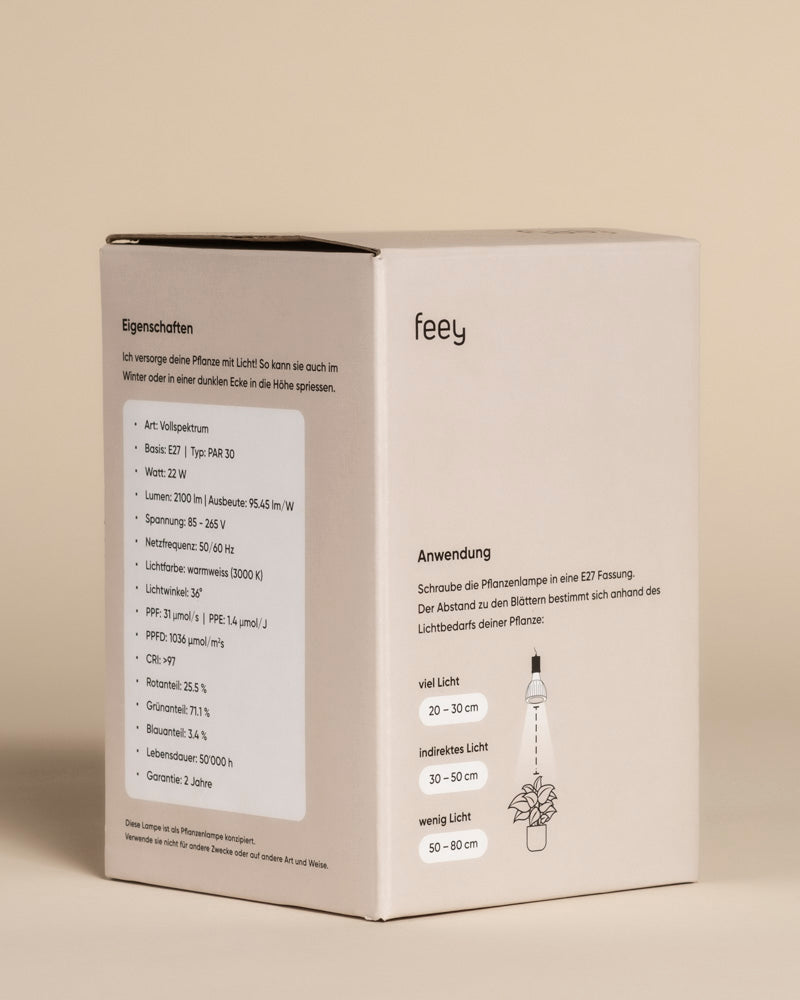 Eine beigefarbene Box mit deutschen Informationen zur Pflanzenlampe zeigt die Spezifikationen und die Verwendung für Zimmerpflanzen, mit einfachen Symbolen und einem Diagramm der empfohlenen Lichtabstände für Sonnenlicht.