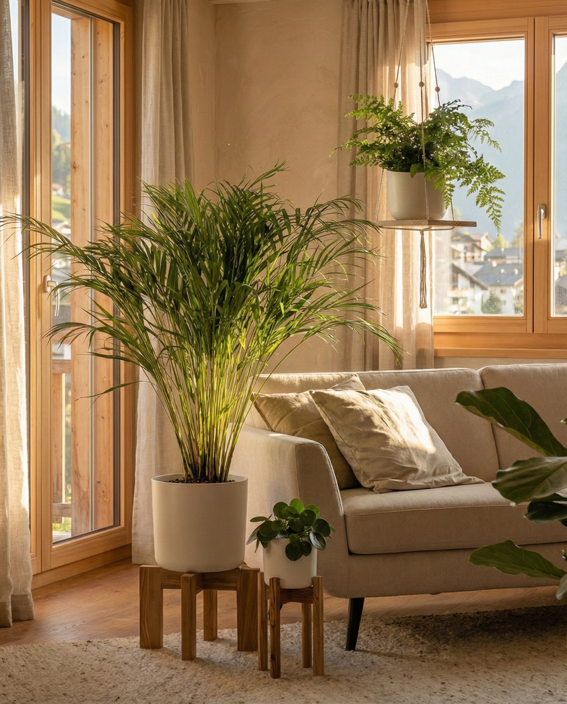 Sonnenlichtdurchflutetes Wohnzimmer mit großen Fenstern, beigem Sofa, transparenten Vorhängen und dem Tierfreundlichen Pflanzen-Set - haustierfreundliche Pflanzen im stilvollen Set. Der Blick auf die Berge draußen macht es perfekt für haustierfreundliche Haushalte.